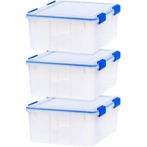 imageIRIS USA 31 Qt Storage Box with Gasket Seal Lid 3 Pack  BPAFree Made in USA  Heavy Duty Moving Containers with Tight Latch Weather Proof Tote Bin WEATHERPRO  ClearBlue31 Qt  3 Pack