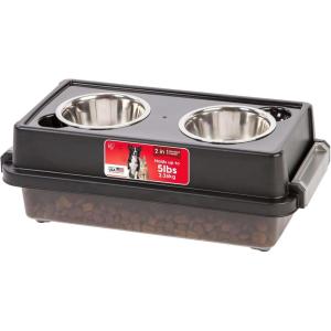 imageIRIS USA Elevated Dog Bowls 15quot H Raised Bowl for Large Dogs Airtight Pet Food Storage Holds Up to 47 Lbs 2 Removable 64 oz Stainless Steel Bowls at Home or Camping Dark GraySmoke