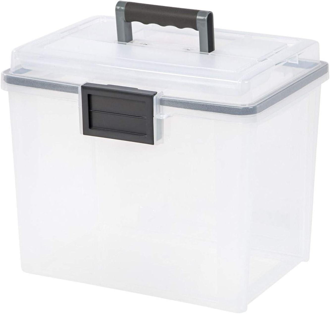 imageIRIS USA Portable File Box With Handle Slim wOrganizer Lid Plastic File Organizer Box for Letter Files Hanging Filing Folder Organizer Lockable Secure Buckle BlackAirtight  Clear  4 Pack