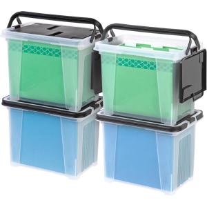 imageIRIS USA Portable File Box With Handle Slim wOrganizer Lid Plastic File Organizer Box for Letter Files Hanging Filing Folder Organizer Lockable Secure Buckle BlackClearBlack  4 Pack
