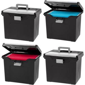 imageIRIS USA Portable File Box With Handle Slim wOrganizer Lid Plastic File Organizer Box for Letter Files Hanging Filing Folder Organizer Lockable Secure Buckle BlackBlack  4 Pack
