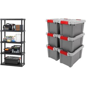 imageBundle of IRIS USA 5Shelf Heavy Duty Plastic Shelving Unit  IRIS USA 5 Gallon Lockable Storage Totes with Lids 6 Pack  Gray