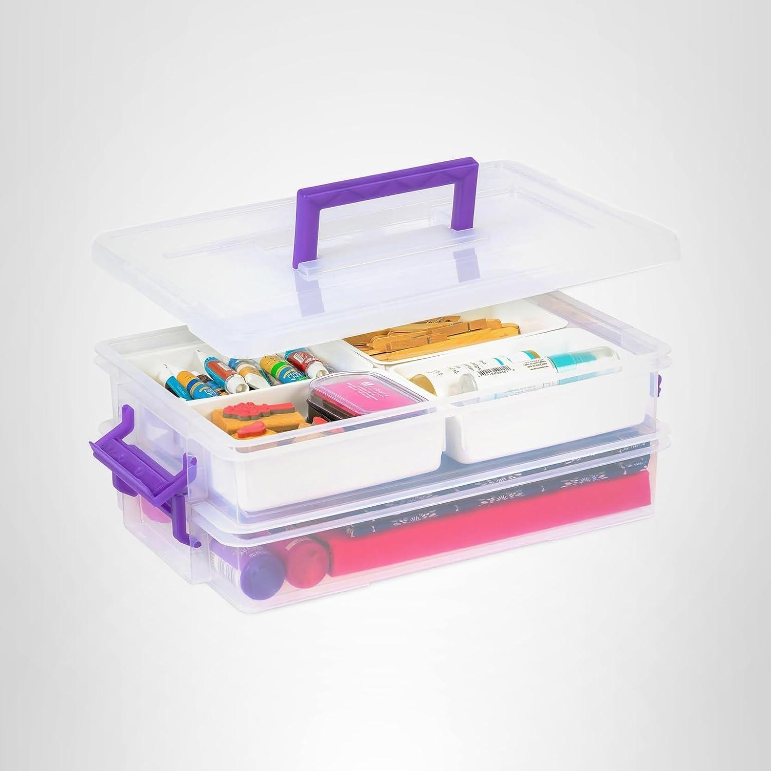 imageIRIS USA 1 Qt Plastic Storage Bins with Lids 2 Pack Craft Storage Container Sensory Bin Organizing Containers for Home Office ampamp Art Supplies Stackable WhiteLAYERED STACK  CARRY  2 LAYER