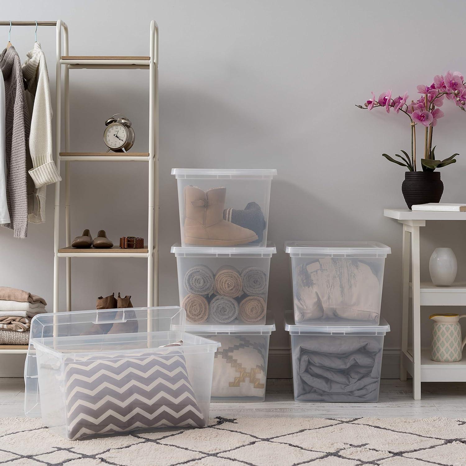 imageIRIS USA 4Pack Storage Bins with Lids 58 Quart Clear Stackable Containers Box Organize Shoes Closet Shelves Clothes Blankets Towels  BPAFree Plastic