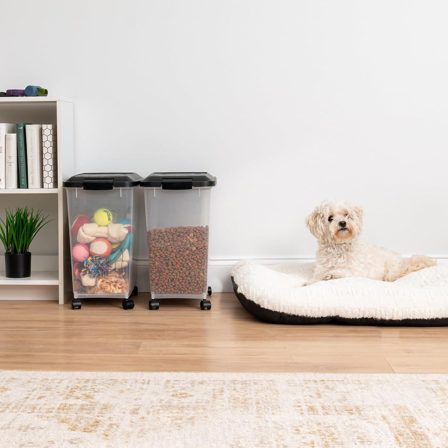 imageIRIS USA Airtight Dog Food Storage Container Up to 54 lbs Attachable Wheels For Dog Cat Bird and Other Pet Food Storage Bin Keep Fresh Translucent Body Easy Mobility 2 Pack BlackBlack
