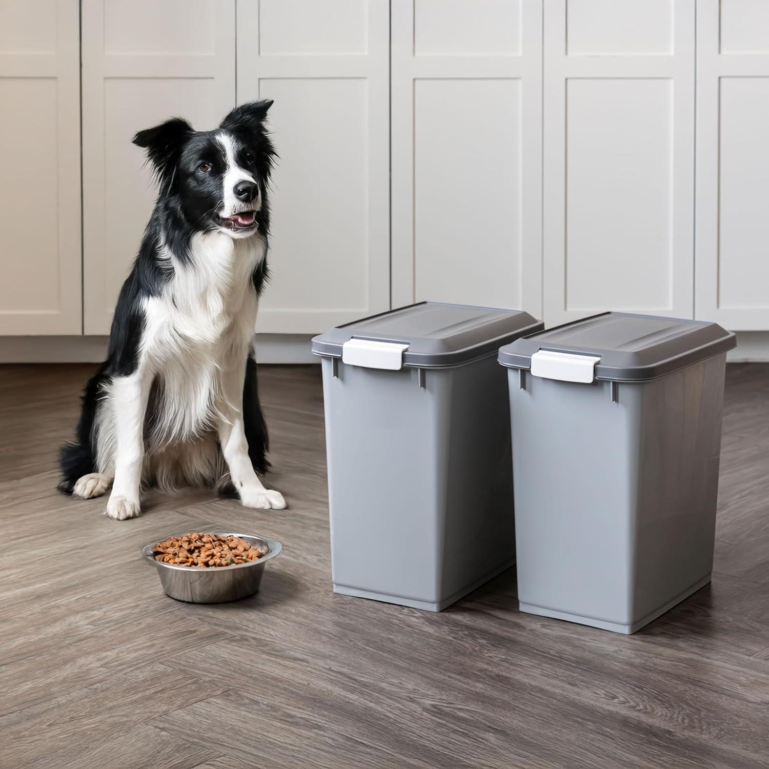 imageIRIS USA Airtight Dog Food Storage Container Up to 54 lbs Attachable Wheels For Dog Cat Bird and Other Pet Food Storage Bin Keep Fresh Translucent Body Easy Mobility 2 Pack BlackGrayDark Gray