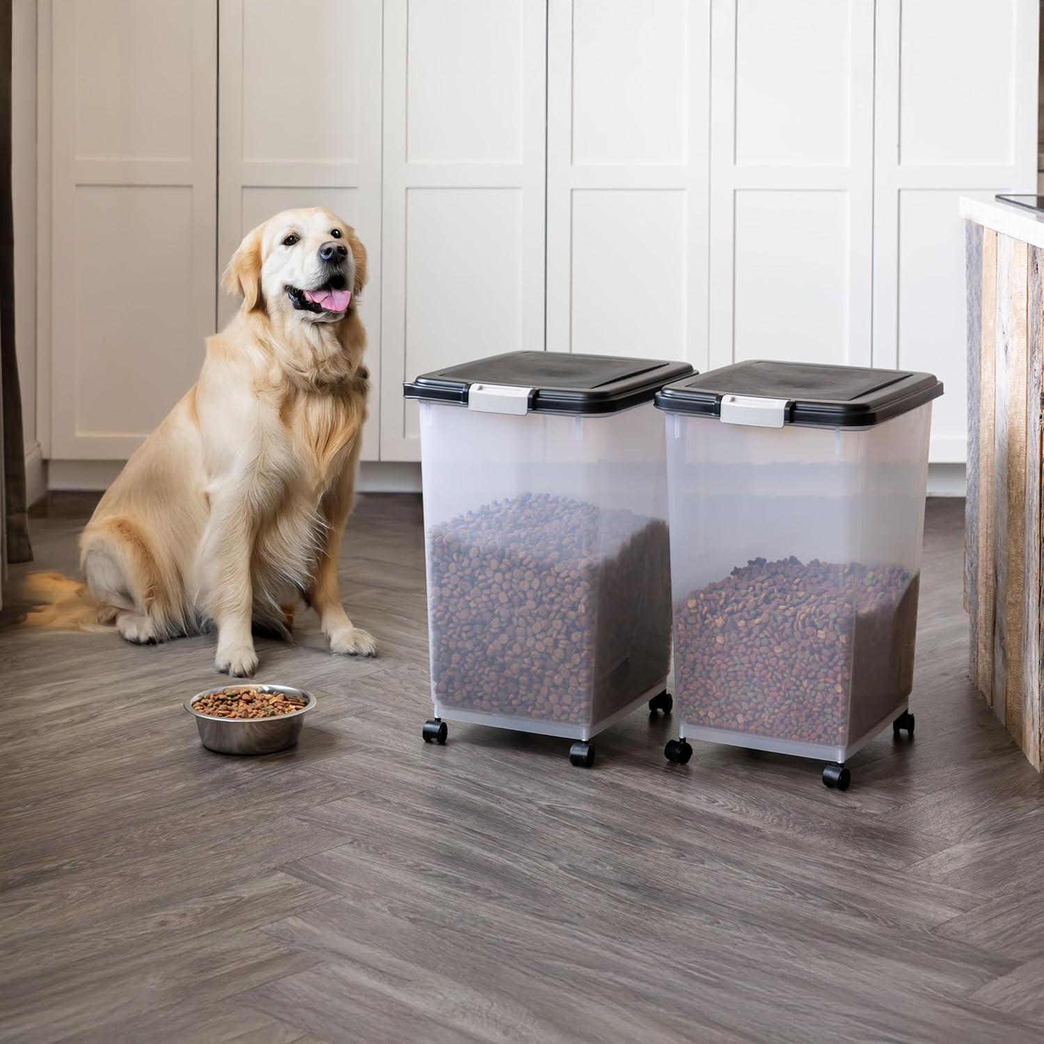 imageIRIS USA Airtight Dog Food Storage Container Up to 54 lbs Attachable Wheels For Dog Cat Bird and Other Pet Food Storage Bin Keep Fresh Translucent Body Easy Mobility 2 Pack BlackBlack