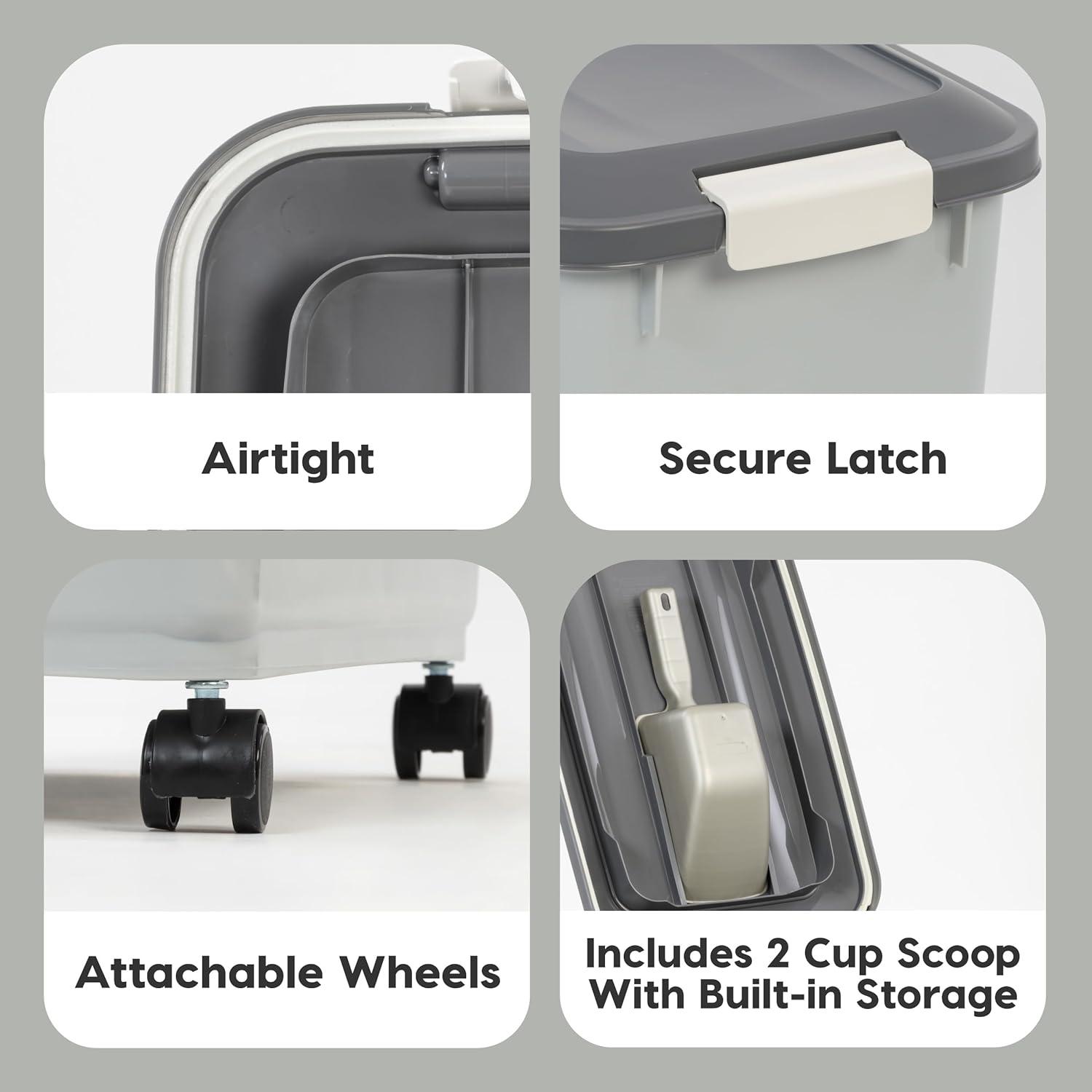 imageIRIS USA Airtight Dog Food Storage Container Up to 54 lbs Attachable Wheels For Dog Cat Bird and Other Pet Food Storage Bin Keep Fresh Translucent Body Easy Mobility 2 Pack BlackGrayDark Gray