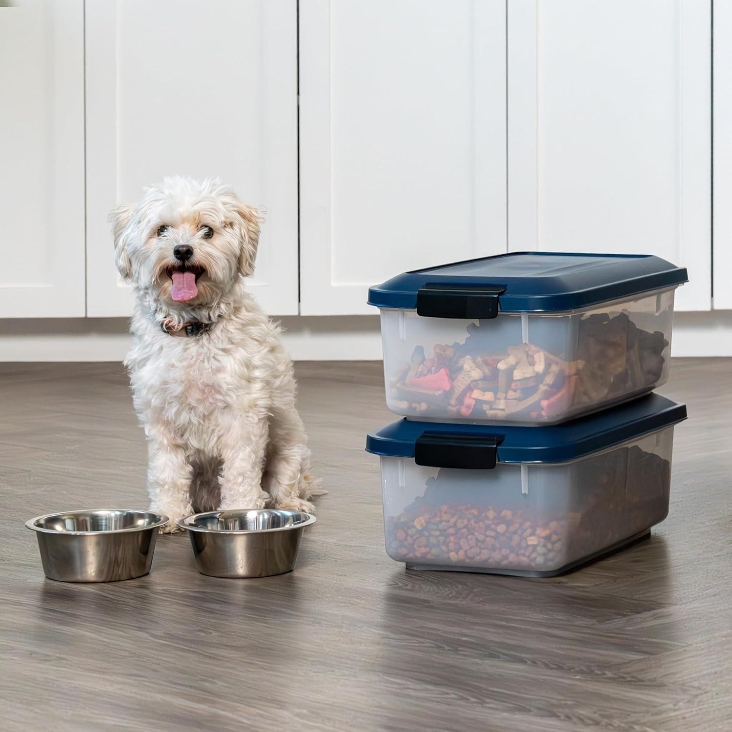 imageIRIS USA Airtight Dog Food Storage Container Up to 54 lbs Attachable Wheels For Dog Cat Bird and Other Pet Food Storage Bin Keep Fresh Translucent Body Easy Mobility 2 Pack BlackNavy