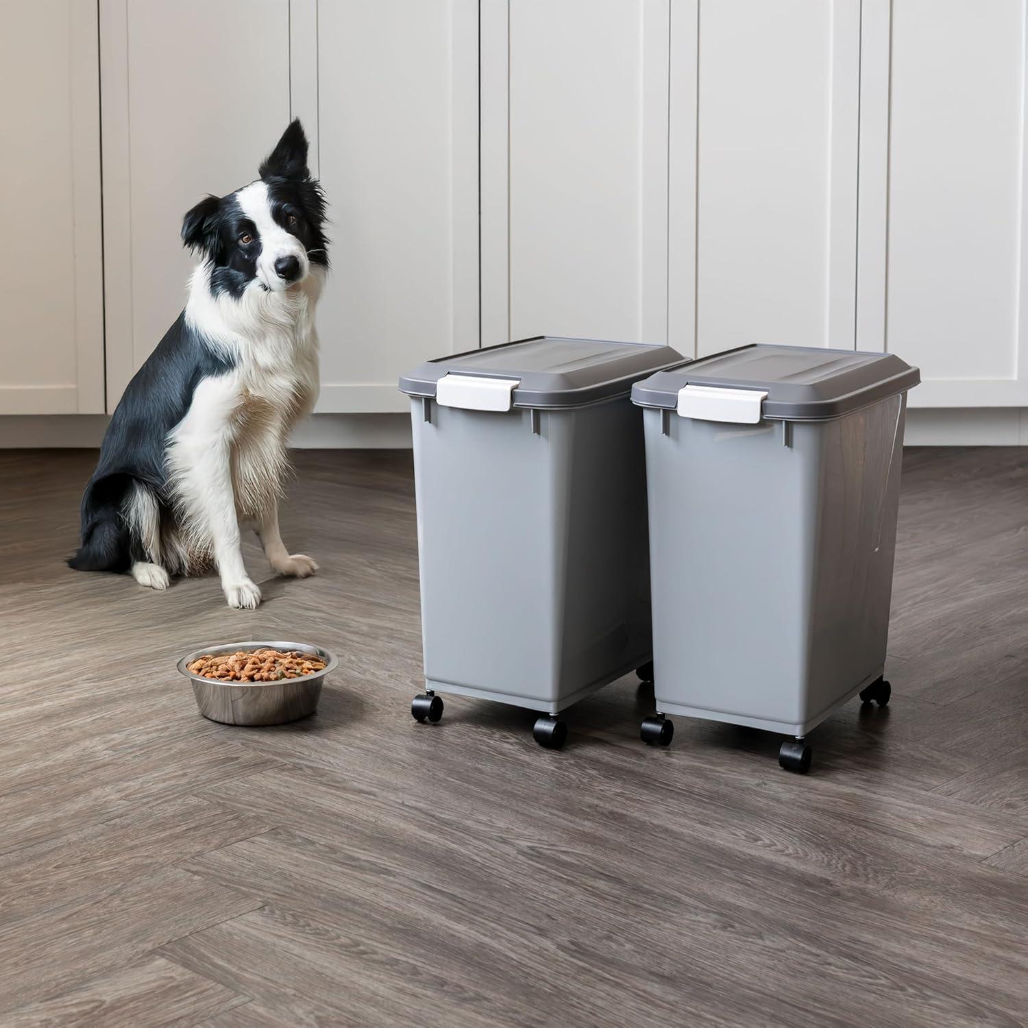 imageIRIS USA Airtight Dog Food Storage Container Up to 54 lbs Attachable Wheels For Dog Cat Bird and Other Pet Food Storage Bin Keep Fresh Translucent Body Easy Mobility 2 Pack BlackGrayDark Gray