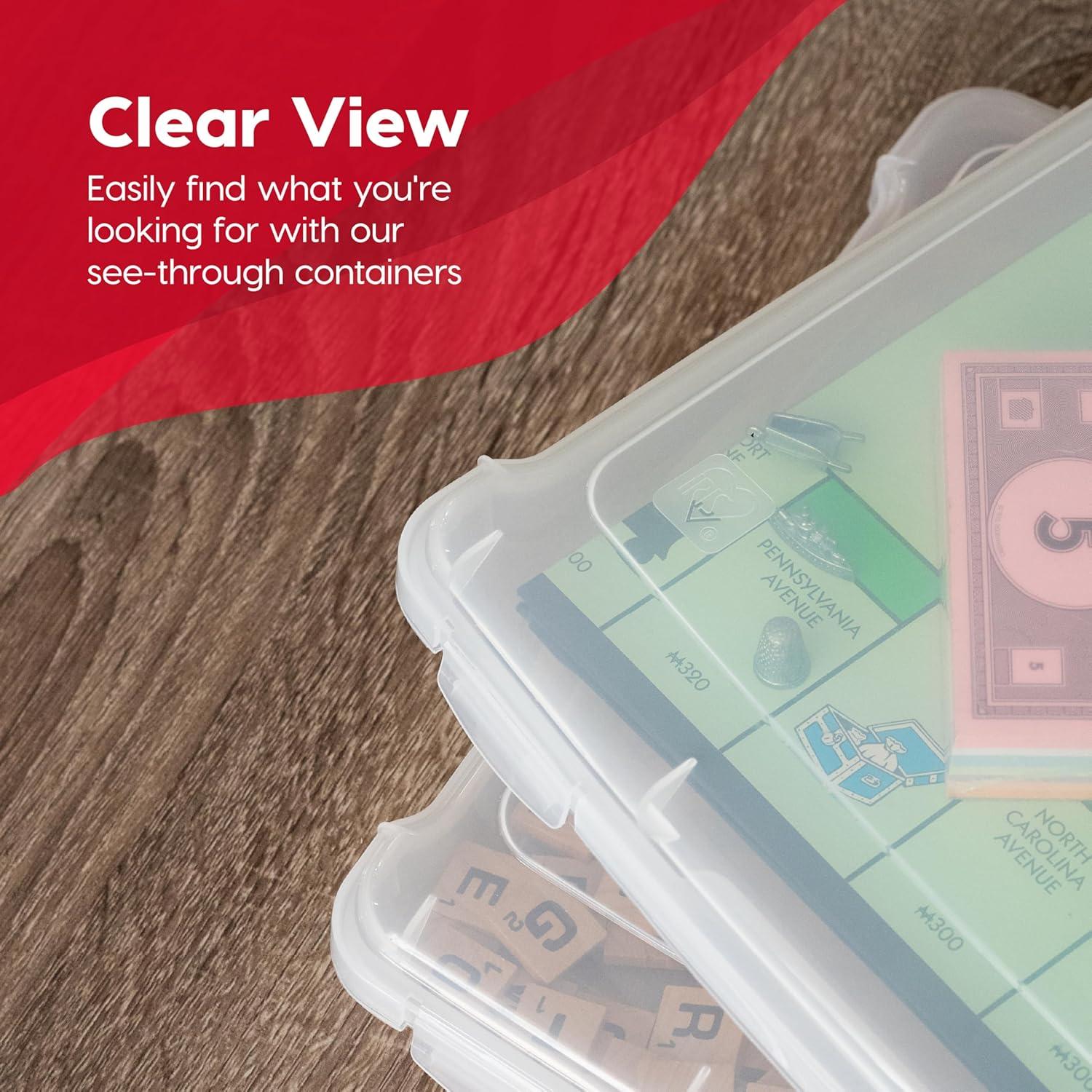 imageIRIS USA Board Game Storage Craft Organizer Box with SnapTight Latch Lid 4Pack Portable Plastic Case Bin for Puzzles Magazines Hobbies Art Supplies Fits 85quot x 11quot ampamp A4 Papers Slim Clear4 Pack