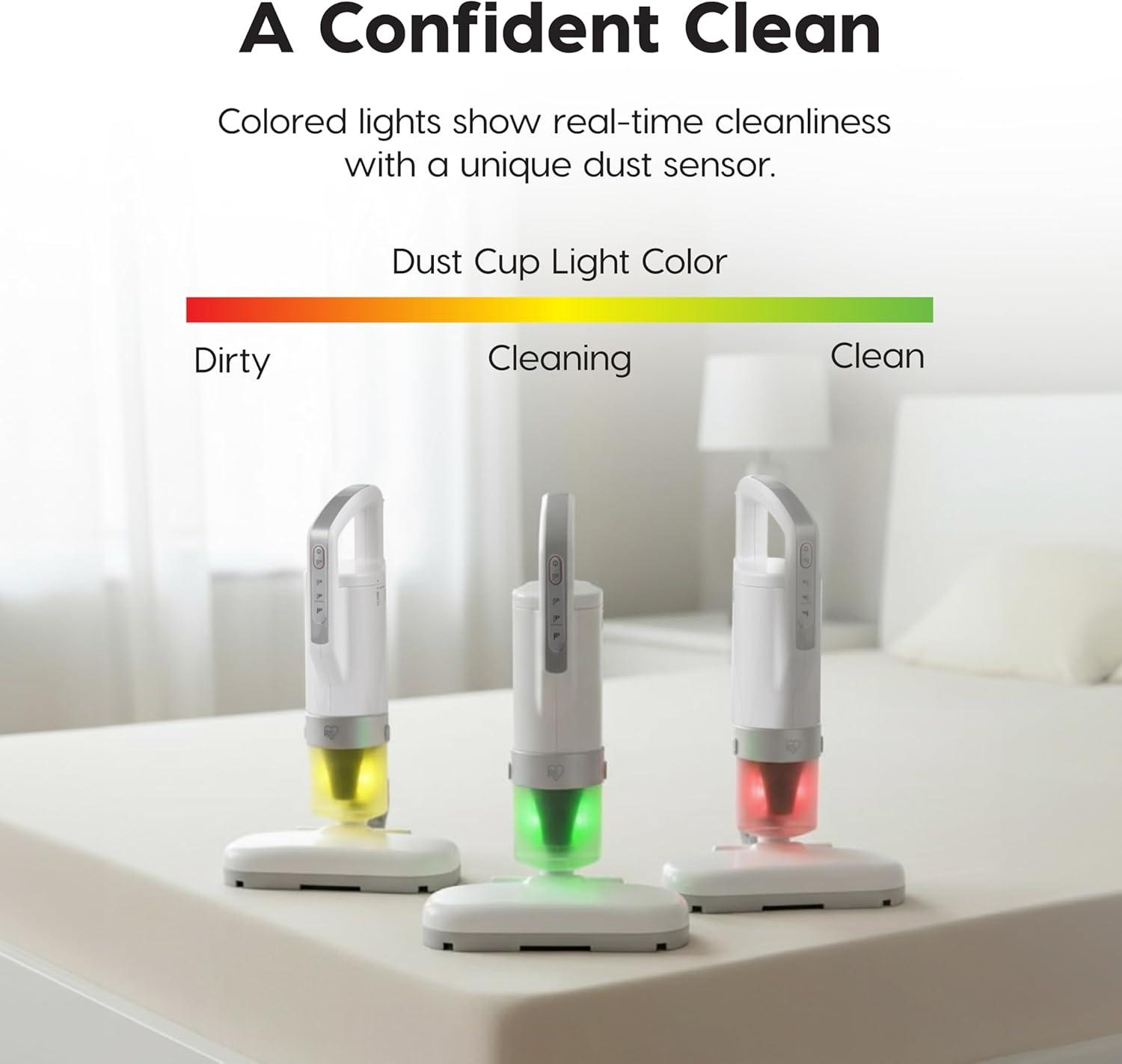 imageIRIS USA Handheld Corded Mattress Vacuum Cleaner Dust Sensor 120V Pet Hair Remover 6500 BPM Agitator Cyclonic HEPA Filter Sofas and Upholstery WhiteHandheld Mattress Vacuum