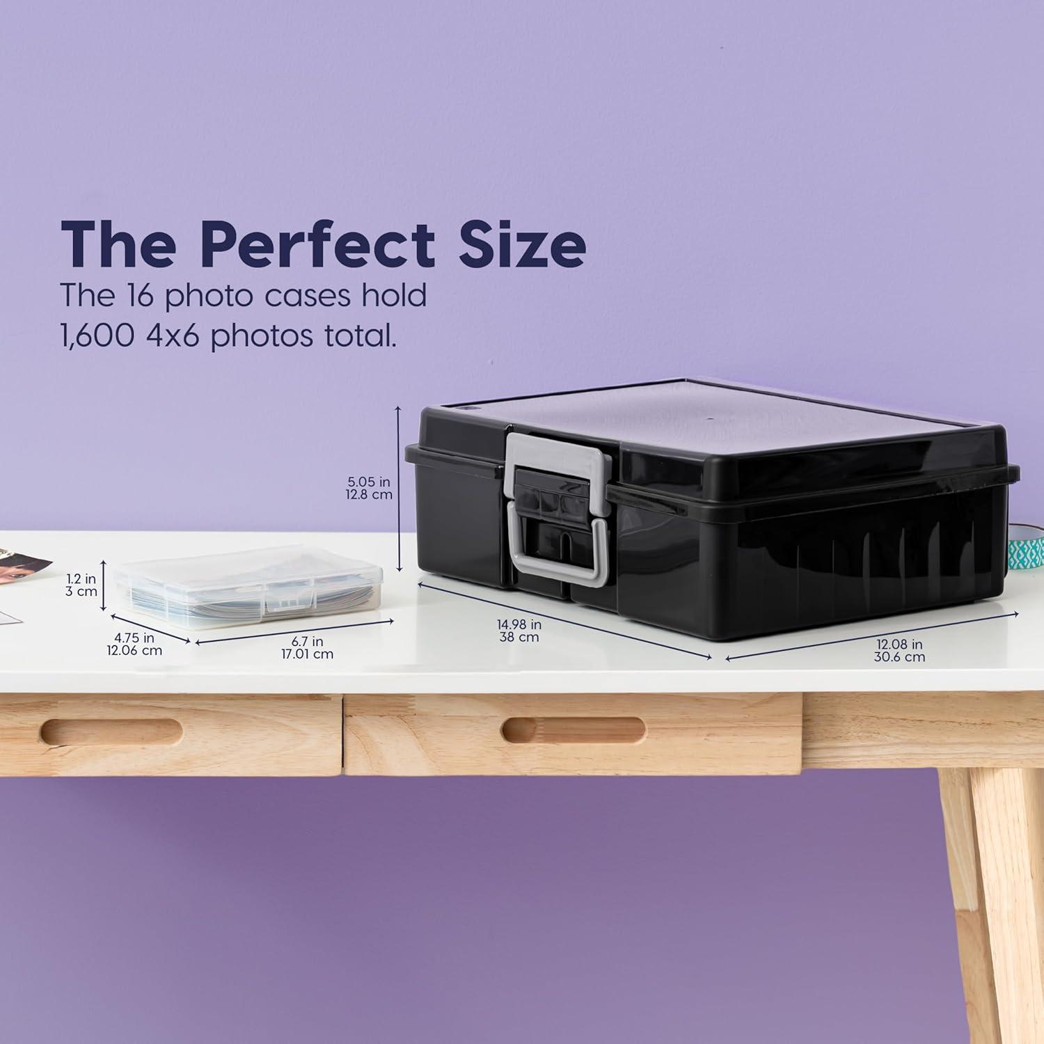 imageIRIS USA Photo Storage Case with 16 Inner 4quot x 6quot Picture Cases Opaque Picture Container with Handle for Privacy LightSensitive Organization for Scrapbooking Stationery Keepsakes Art Supplies BlackFits 4 x 6 16 Pack w Black Outer Case