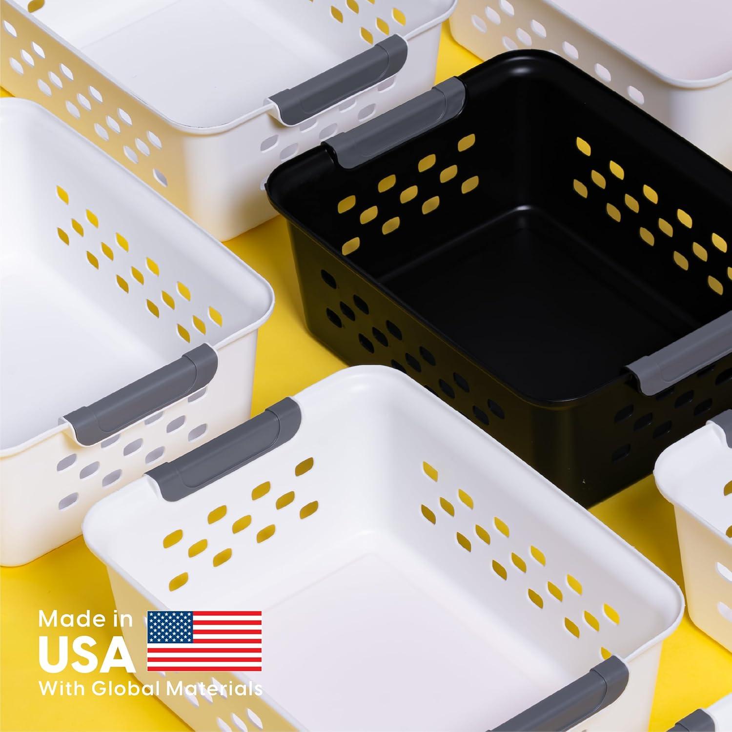 imageIRIS USA Plastic Basket 8Pack Small Shelves Storage Basket for Organizing Pantry Cabinet Bedroom Office Craft Room WhiteBlack