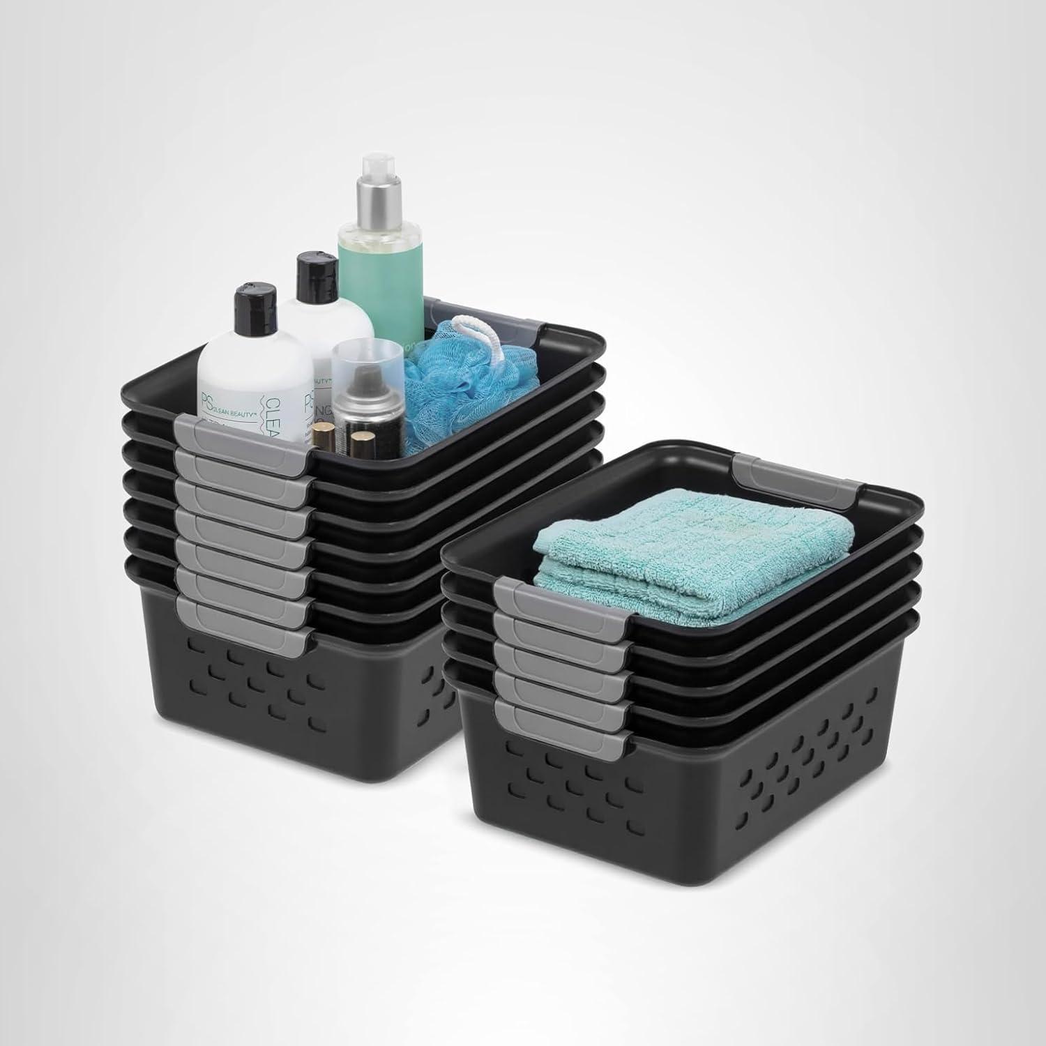 imageIRIS USA Plastic Basket 8Pack Small Shelves Storage Basket for Organizing Pantry Cabinet Bedroom Office Craft Room WhiteBlack