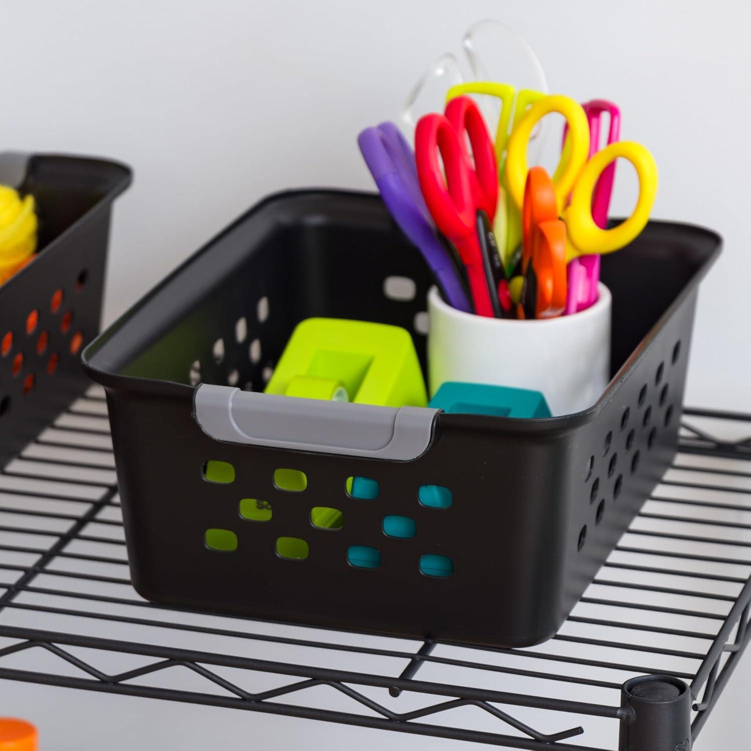 imageIRIS USA Plastic Basket 8Pack Small Shelves Storage Basket for Organizing Pantry Cabinet Bedroom Office Craft Room WhiteBlack