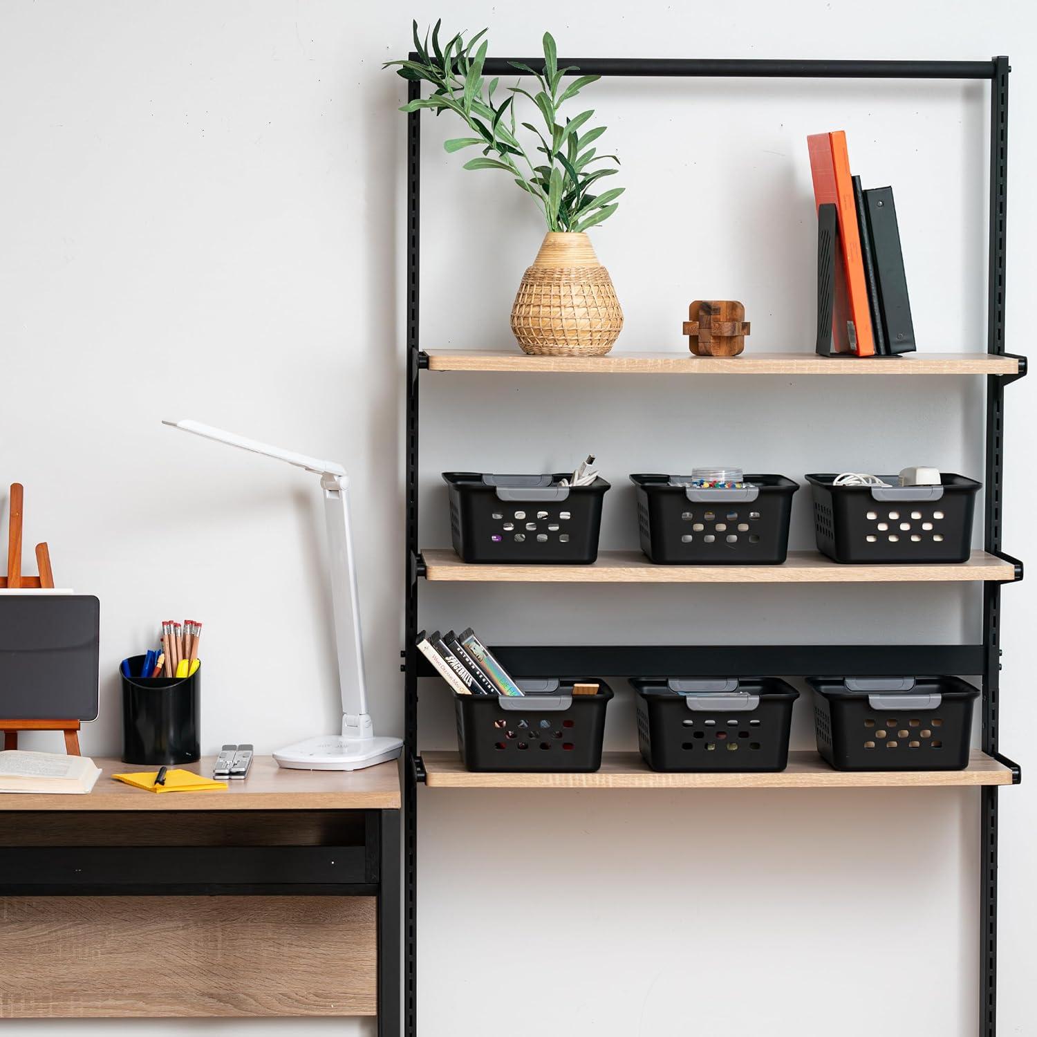 imageIRIS USA Plastic Basket 8Pack Small Shelves Storage Basket for Organizing Pantry Cabinet Bedroom Office Craft Room WhiteBlack