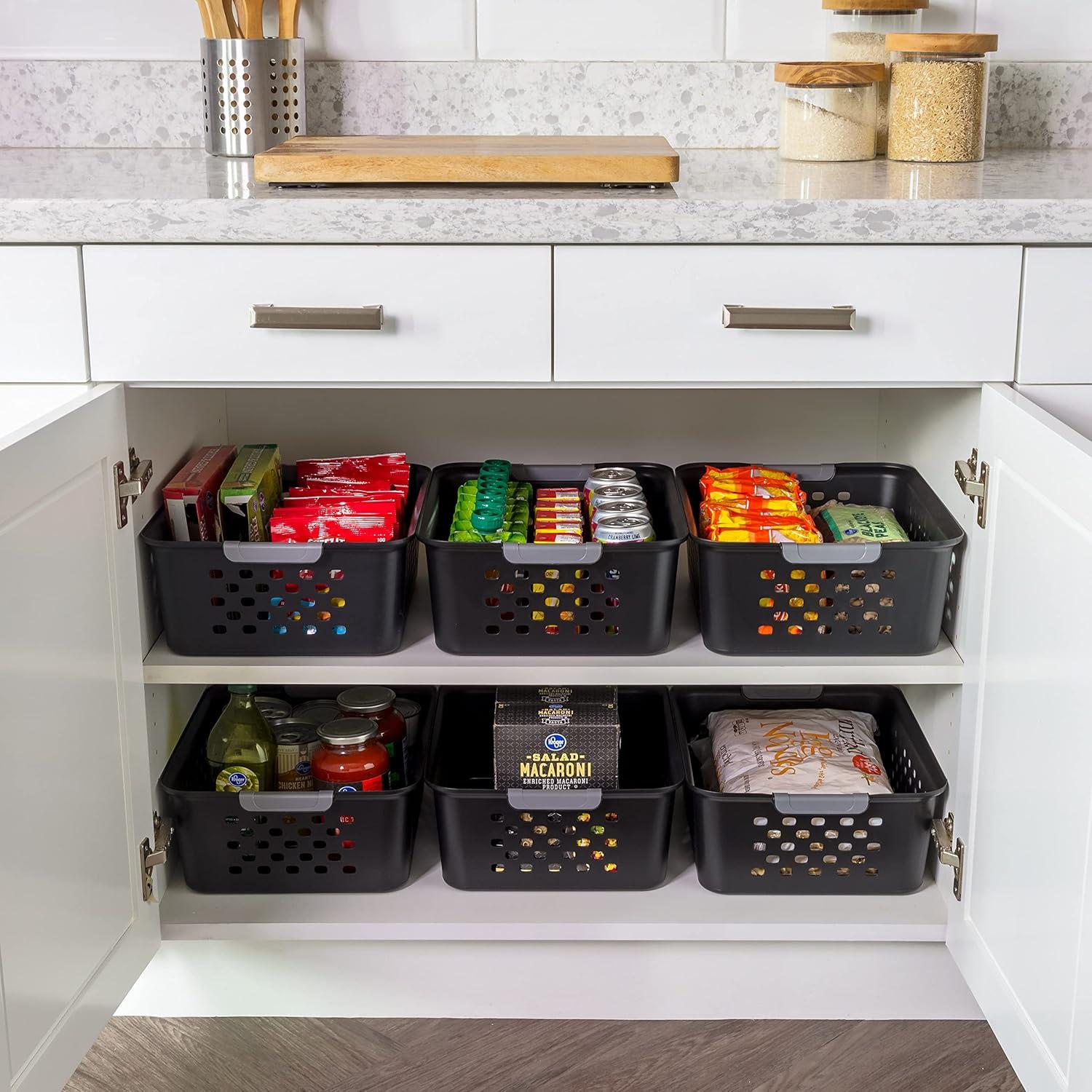 imageIRIS USA Plastic Basket 8Pack Small Shelves Storage Basket for Organizing Pantry Cabinet Bedroom Office Craft Room WhiteBlack