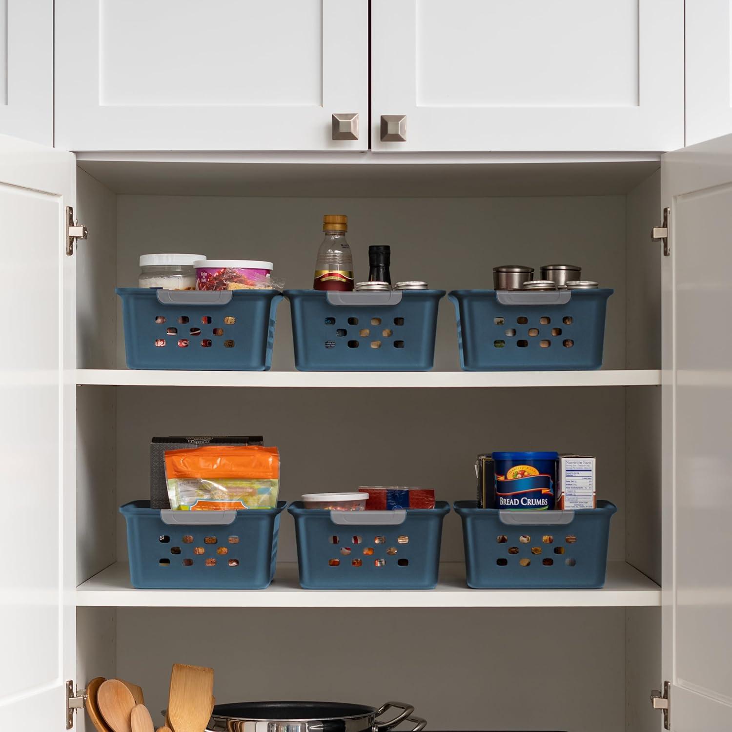 imageIRIS USA Plastic Basket 8Pack Small Shelves Storage Basket for Organizing Pantry Cabinet Bedroom Office Craft Room WhiteNavy