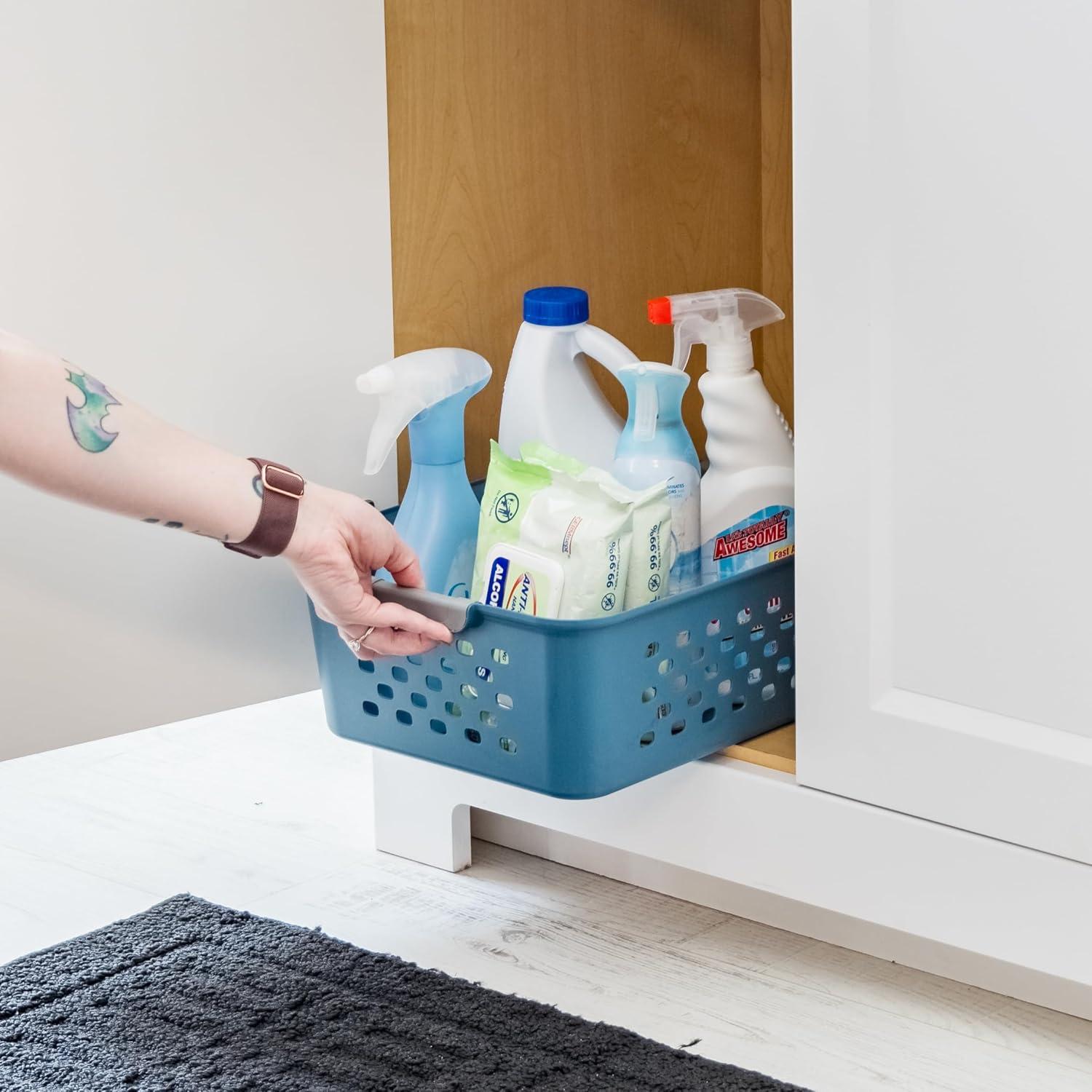 imageIRIS USA Plastic Basket 8Pack Small Shelves Storage Basket for Organizing Pantry Cabinet Bedroom Office Craft Room WhiteNavy