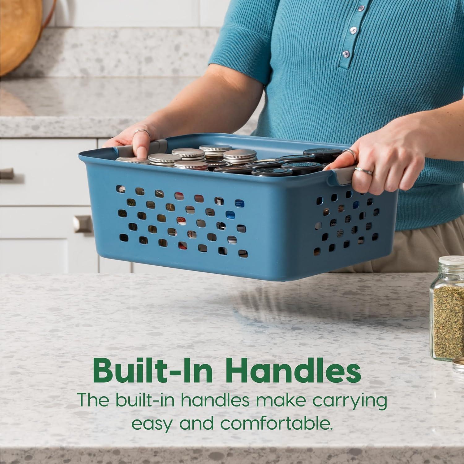 imageIRIS USA Plastic Basket 8Pack Small Shelves Storage Basket for Organizing Pantry Cabinet Bedroom Office Craft Room WhiteNavy