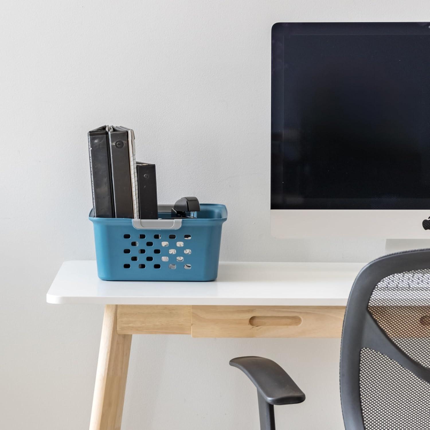 imageIRIS USA Plastic Basket 8Pack Small Shelves Storage Basket for Organizing Pantry Cabinet Bedroom Office Craft Room WhiteNavy