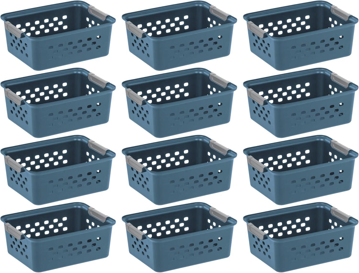 imageIRIS USA Plastic Basket 8Pack Small Shelves Storage Basket for Organizing Pantry Cabinet Bedroom Office Craft Room WhiteNavy