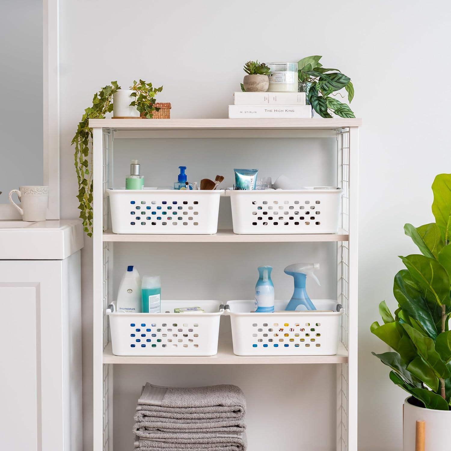 imageIRIS USA Plastic Basket 8Pack Small Shelves Storage Basket for Organizing Pantry Cabinet Bedroom Office Craft Room WhiteWhite