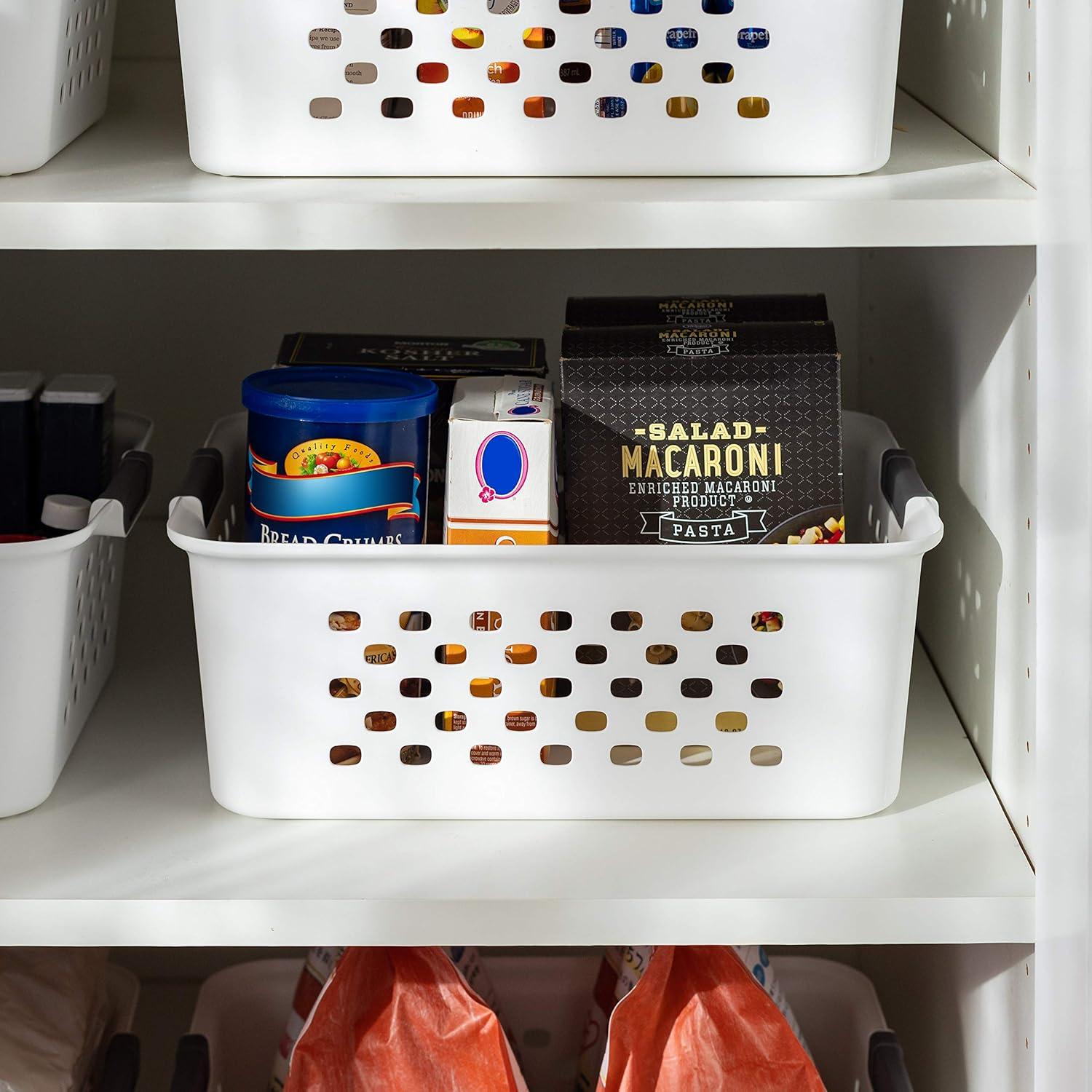 imageIRIS USA Plastic Basket 8Pack Small Shelves Storage Basket for Organizing Pantry Cabinet Bedroom Office Craft Room WhiteWhite