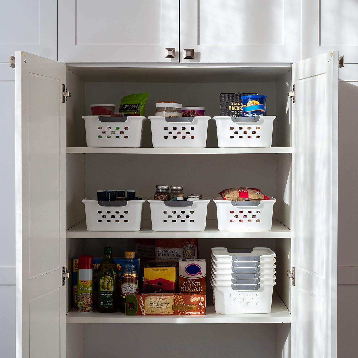 imageIRIS USA Plastic Basket 8Pack Small Shelves Storage Basket for Organizing Pantry Cabinet Bedroom Office Craft Room WhiteWhite