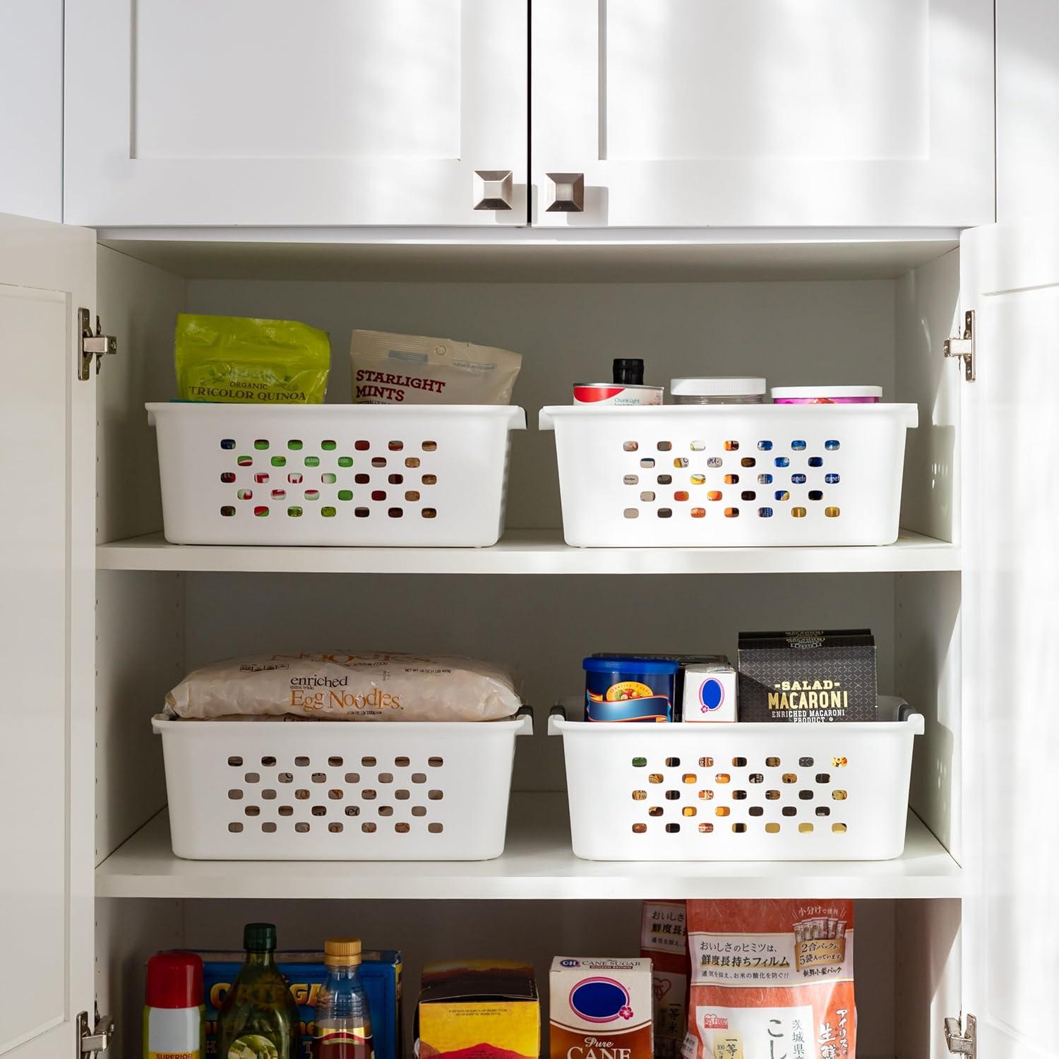 imageIRIS USA Plastic Basket 8Pack Small Shelves Storage Basket for Organizing Pantry Cabinet Bedroom Office Craft Room WhiteWhite