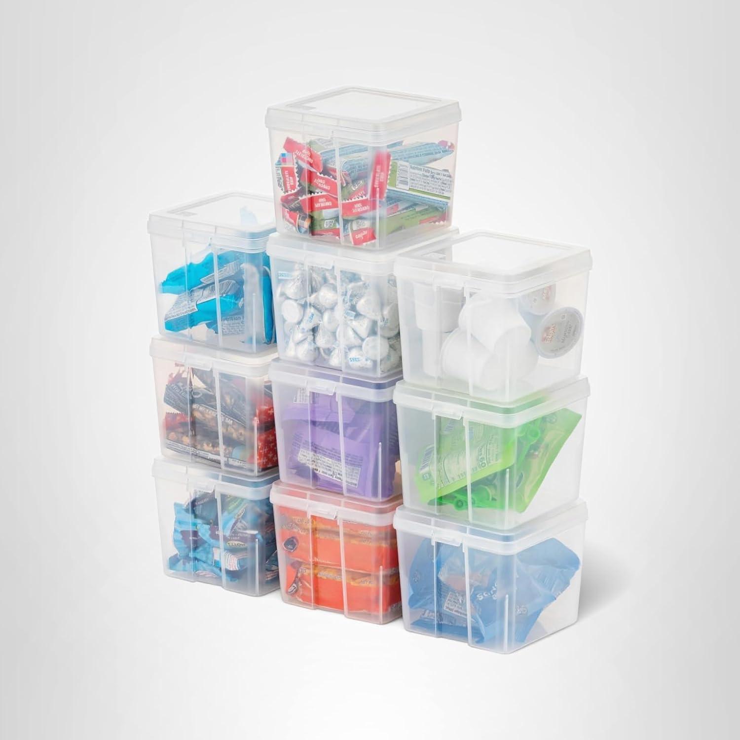 imageIRIS USA Vertical Plastic Flip Top Storage Containers Bins with Lids for Pantry Home Office Organization Large Stackable Hinged Organizer with Latches Clear 4 PackSmall  10 Pack