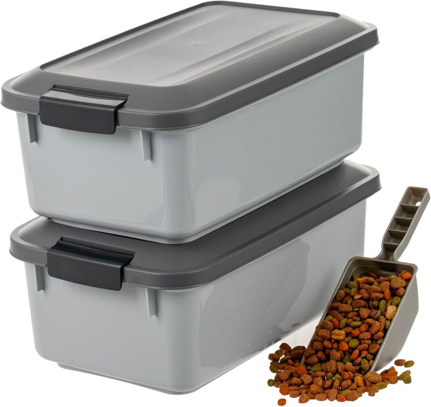 imageIRIS USA WeatherPro Airtight Pet Food Storage Container Up to 14 lbs Dog Cat Bird and Other Pet Food Storage Bin Keep Pests Out Translucent Body BPA Free Stackable 2 Pack Gray