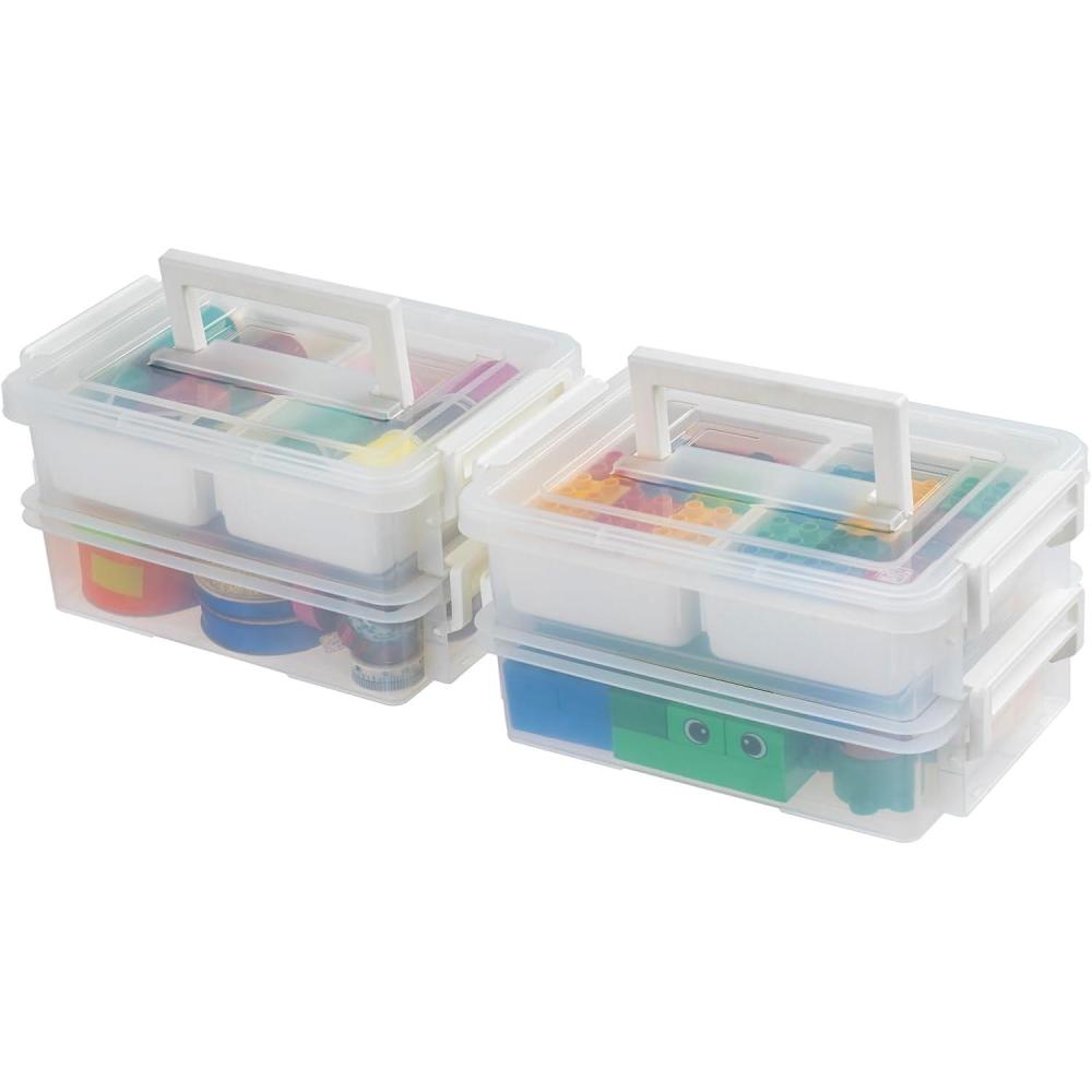 imageIRIS USA 1 Qt Plastic Storage Bins with Lids 2 Pack Craft Storage Container Sensory Bin Organizing Containers for Home Office ampamp Art Supplies Stackable WhiteWHITE LAYERED STACK  CARRY  2 LAYER 2 PACK