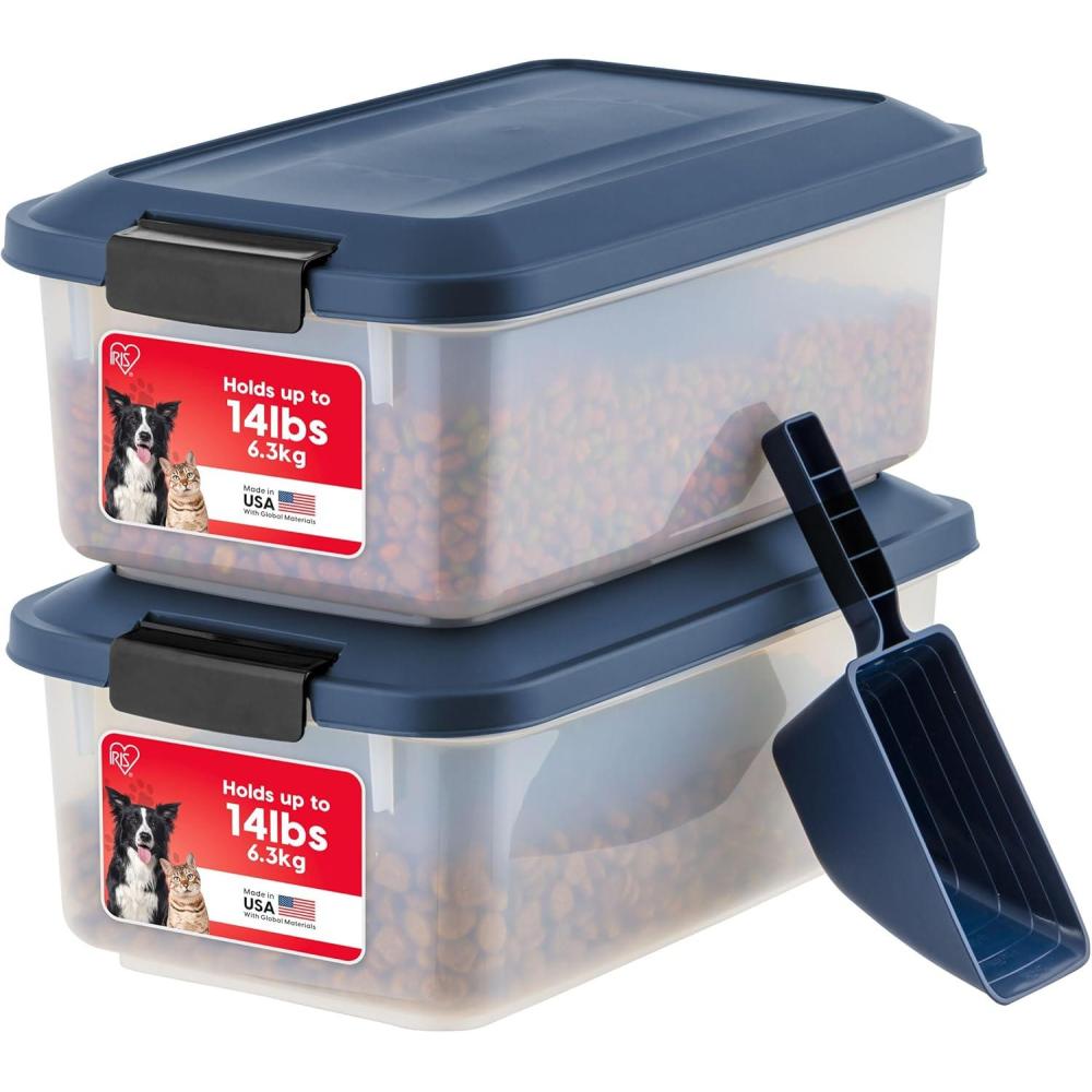 imageIRIS USA Airtight Dog Food Storage Container Up to 54 lbs Attachable Wheels For Dog Cat Bird and Other Pet Food Storage Bin Keep Fresh Translucent Body Easy Mobility 2 Pack BlackNavy