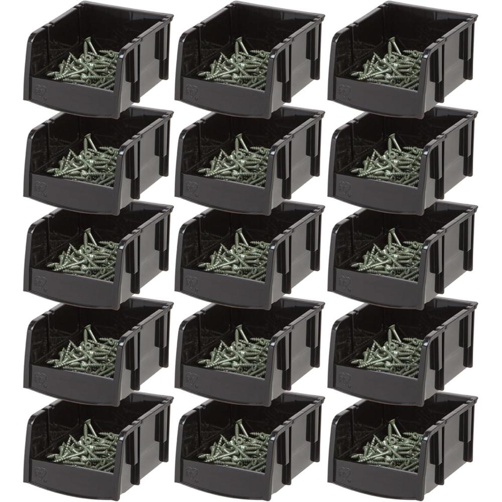 imageIRIS USA Extra Small Stackable Storage Bins 15Pack 55 x 45 x 3 inch Made in USA Plastic Open Front Shelf Bin for Organizing Parts Hardware Tools Supplies Garage Shelf Pantry  BlackExtra Small