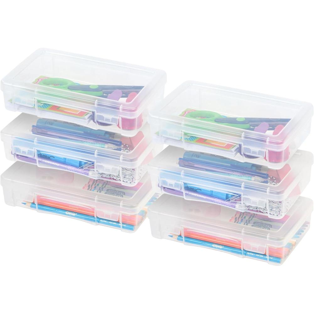 imageIRIS USA Pencil Case Plastic Pouch Box Storage Organizer for Beads Pens and Art Supplies 6Pack Stackable Container with Snap Lid for Jewelry Stickers and Tackle Box Clear MediumMedium  6 Pack