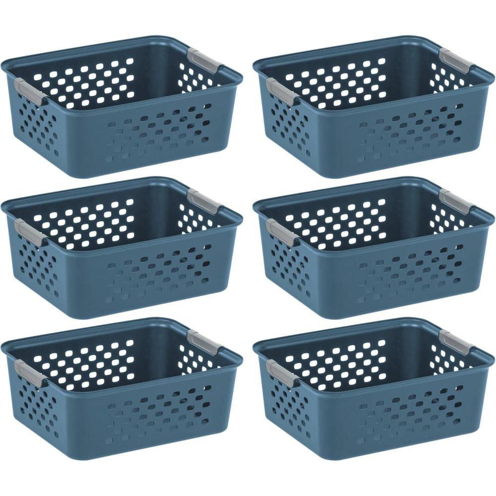 imageIRIS USA Plastic Basket 8Pack Small Shelves Storage Basket for Organizing Pantry Cabinet Bedroom Office Craft Room WhiteNavy