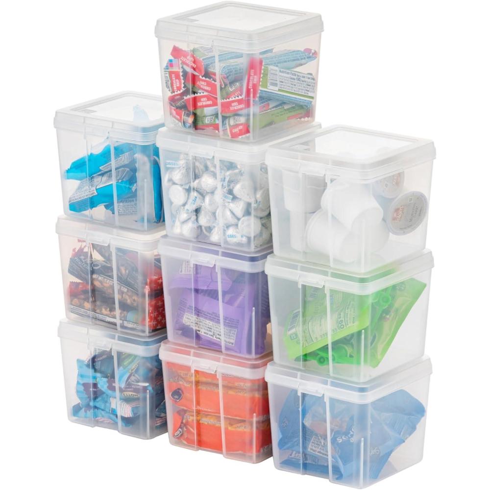 imageIRIS USA Vertical Plastic Flip Top Storage Containers Bins with Lids for Pantry Home Office Organization Large Stackable Hinged Organizer with Latches Clear 4 PackSmall  10 Pack