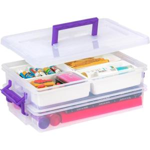 imageIRIS USA 1 Qt Plastic Storage Bins with Lids 2 Pack Craft Storage Container Sensory Bin Organizing Containers for Home Office ampamp Art Supplies Stackable WhiteLAYERED STACK  CARRY  2 LAYER