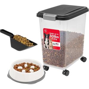 imageIRIS USA Airtight Dog Food Storage Container Up to 54 lbs Attachable Wheels For Dog Cat Bird and Other Pet Food Storage Bin Keep Fresh Translucent Body Easy Mobility 2 Pack BlackBlack