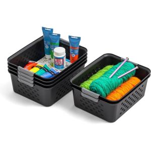 imageIRIS USA Plastic Basket 8Pack Small Shelves Storage Basket for Organizing Pantry Cabinet Bedroom Office Craft Room WhiteBlack