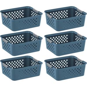 imageIRIS USA Plastic Basket 8Pack Small Shelves Storage Basket for Organizing Pantry Cabinet Bedroom Office Craft Room WhiteNavy
