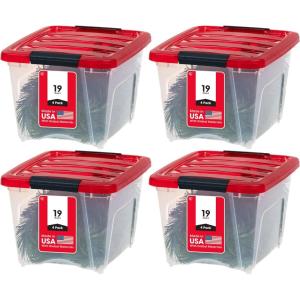 imageIRIS USA 12 Qt Plastic Storage Bins Containers with Lids 4 Pack Sensory Bin Craft Storage Craft Organizers and Storage Organizing Container for Home Office School Supplies Stackable ClearRed19 Qt  4 Pack