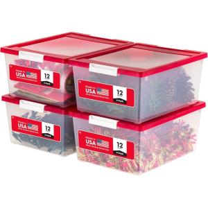 imageIRIS USA 12 Qt Plastic Storage Bins Containers with Lids 4 Pack Sensory Bin Craft Storage Craft Organizers and Storage Organizing Container for Home Office School Supplies Stackable ClearRed12 Qt  Buckle Lid