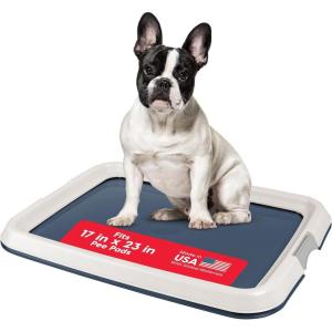 imageIRIS USA Pee Pad Holder  for Regular Sized Dog and Puppy Pee Pads Secured Latches NonSkid Feet Polished Finish for Easy Cleaning Leak Protection Fits 22quotx22quot Pad or Larger 2 Pack BlackGrayNavy