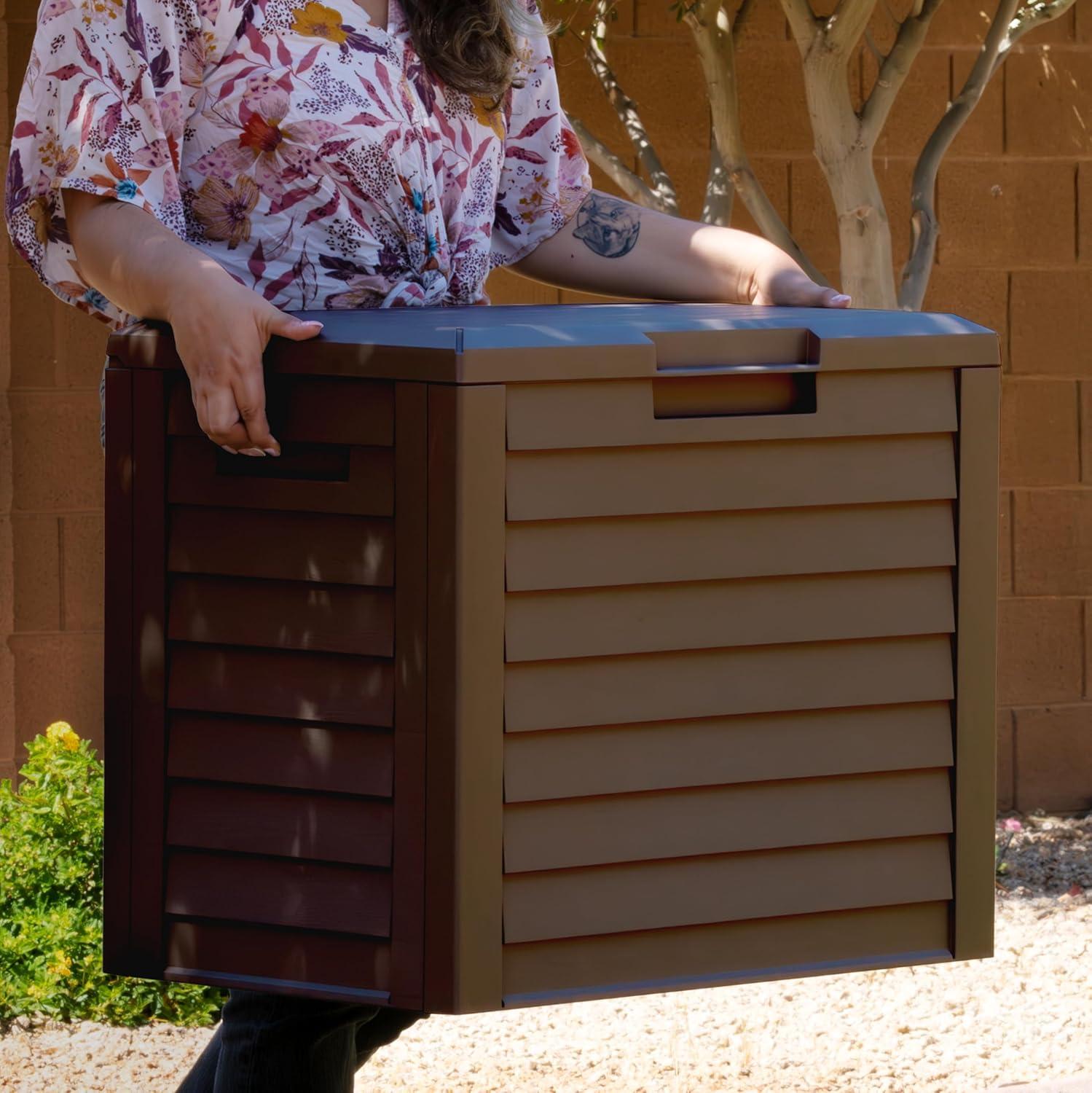 imageIRIS USA 35Gallon Outdoor Deck Storage Box Lockable ampamp UVProtected WeatherResistant Patio Storage for Cushions Garden Tools ampamp Packages Waterproof Resin Durable ampamp Stylish Design  BrownBrown