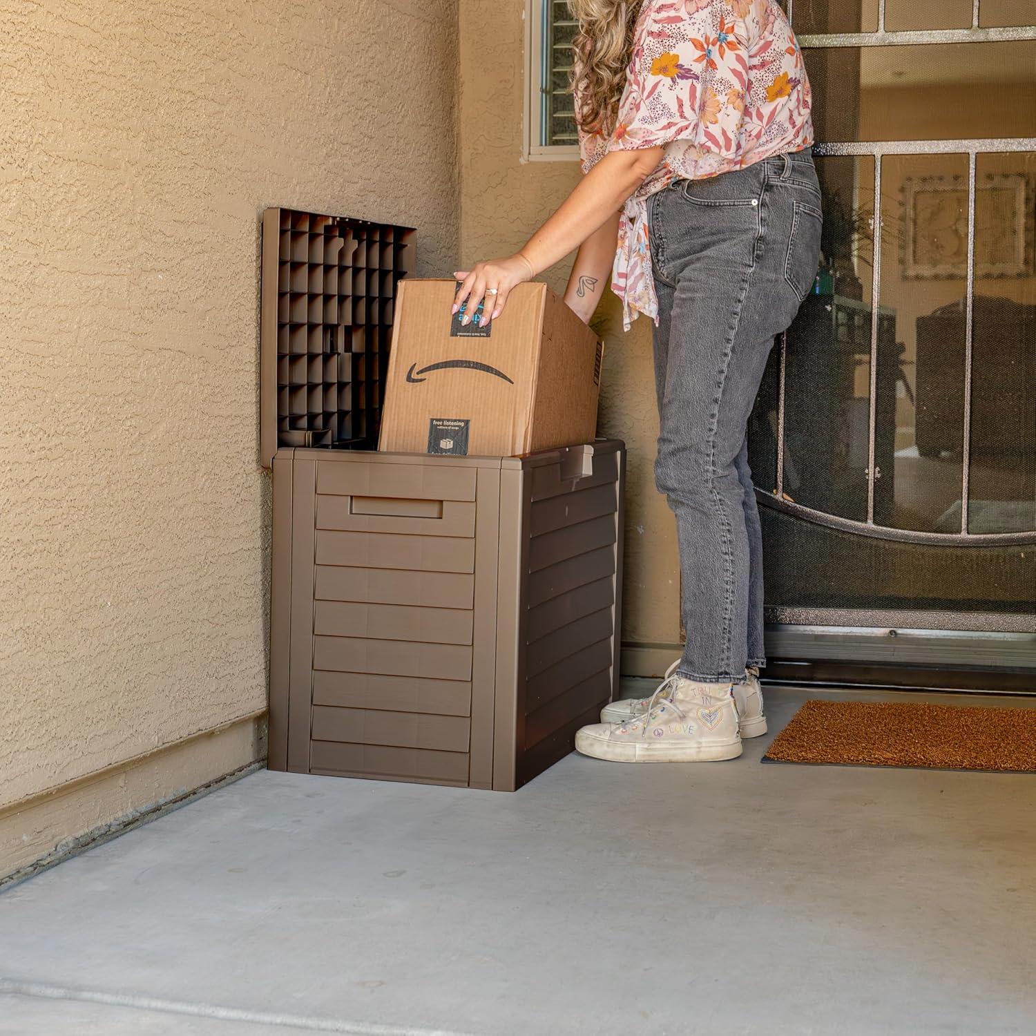 imageIRIS USA 35Gallon Outdoor Deck Storage Box Lockable ampamp UVProtected WeatherResistant Patio Storage for Cushions Garden Tools ampamp Packages Waterproof Resin Durable ampamp Stylish Design  BrownBrown