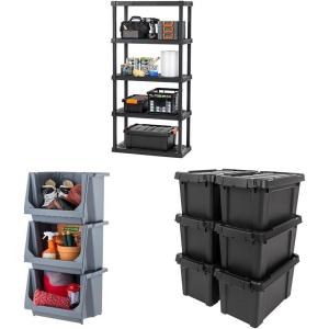 image:imageBundle of IRIS USA 5Shelf Heavy Duty Plastic Shelving Unit  Large Open Front Bins 3 Pack  Gray  5 Gallon Lockable Storage Totes with Lids 6 Pack  Black