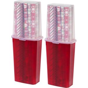 image:imageIRIS USA 40 Wrapping Paper Storage Container with BuiltIn Handles 2 Pack Fits up to 20 rolls Holiday StorageBin Vertical Christmas Birthday Gift Wrapping Organizer ClearRed